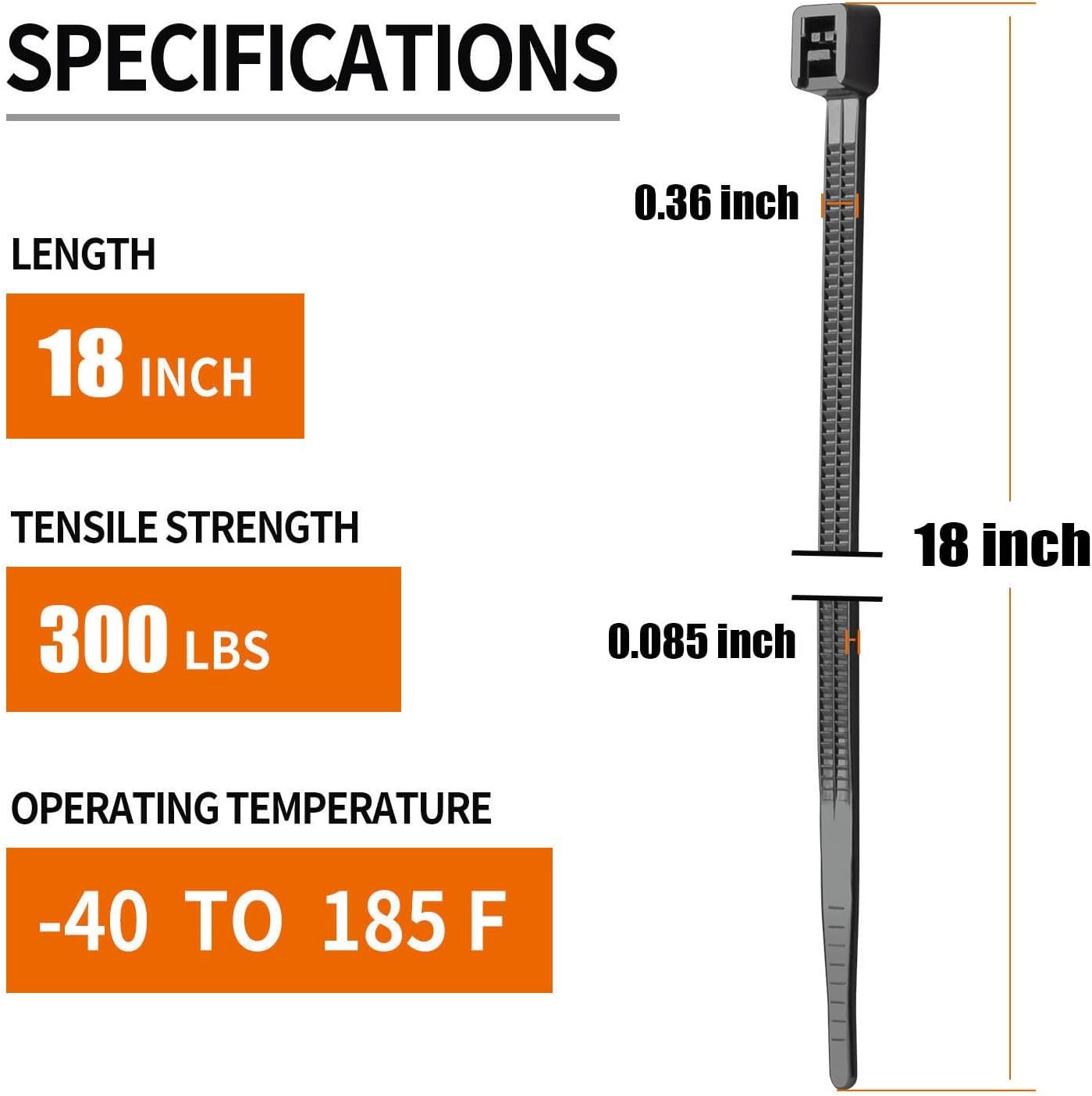 18 inch Black Long Zip Ties Heavy Duty (100 Pack), 2025 New Patented Design, 300 LBS Ultra Strong Tensile Strength, Self-Locking Nylon PA66 UV Resistant Cable Ties for Indoor and Outdoor Use