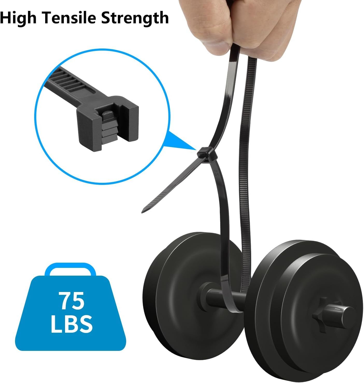 100PCS 18 inch Black Zip Ties Heavy Duty, 75LBS Tensile Strength, Self-Locking Heavy Duty UV Resistant Cable Ties for Indoor and Outdoor Use