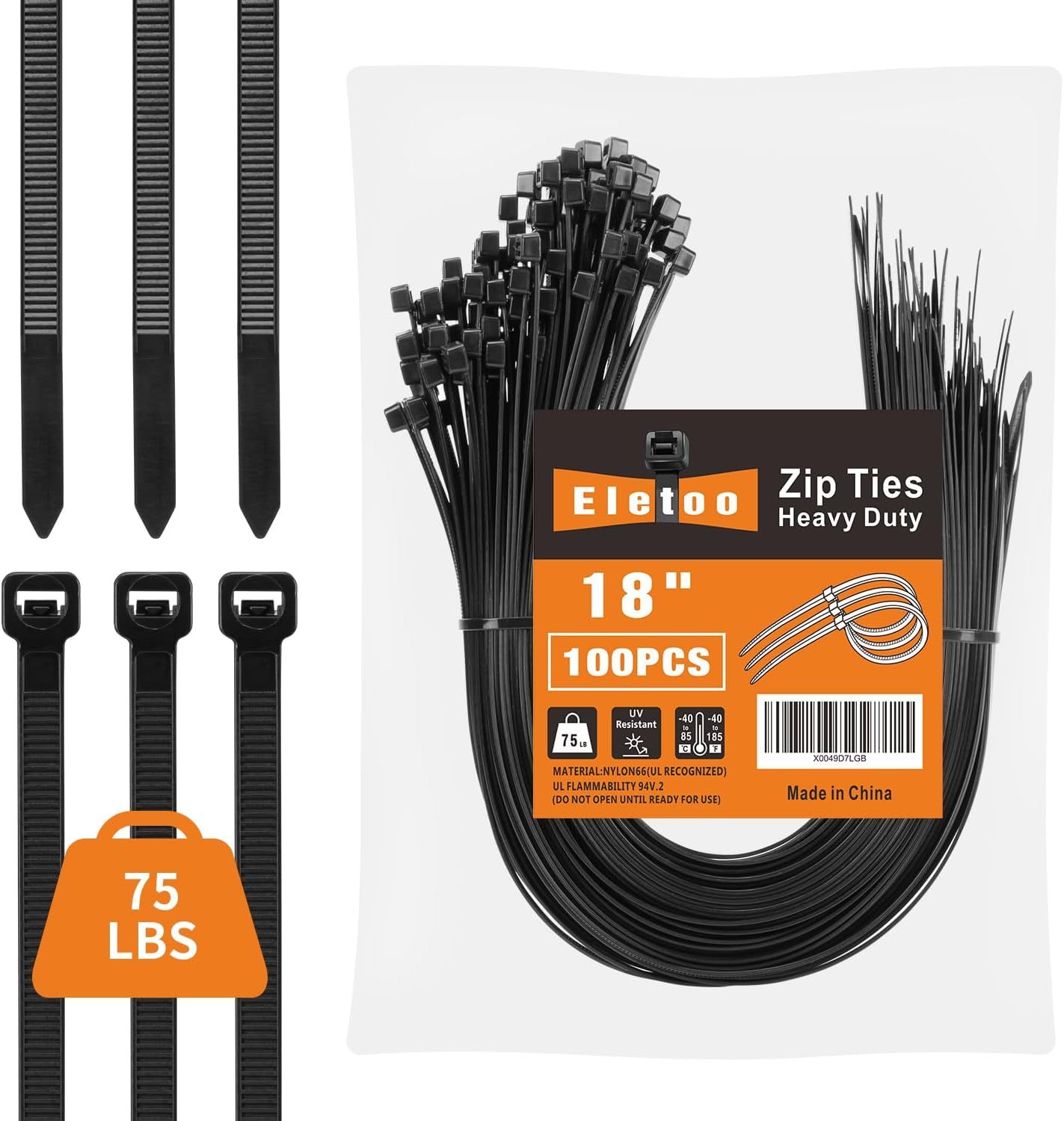 100PCS 18 inch Black Zip Ties Heavy Duty, 75LBS Tensile Strength, Self-Locking Heavy Duty UV Resistant Cable Ties for Indoor and Outdoor Use