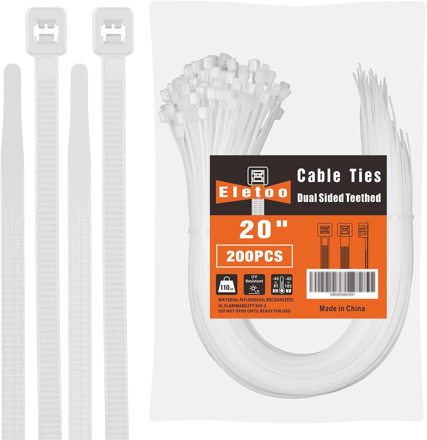 20 inch, White Heavy Duty Zip Ties - Dual Sided Teethed (200 /Pack), 110lbs