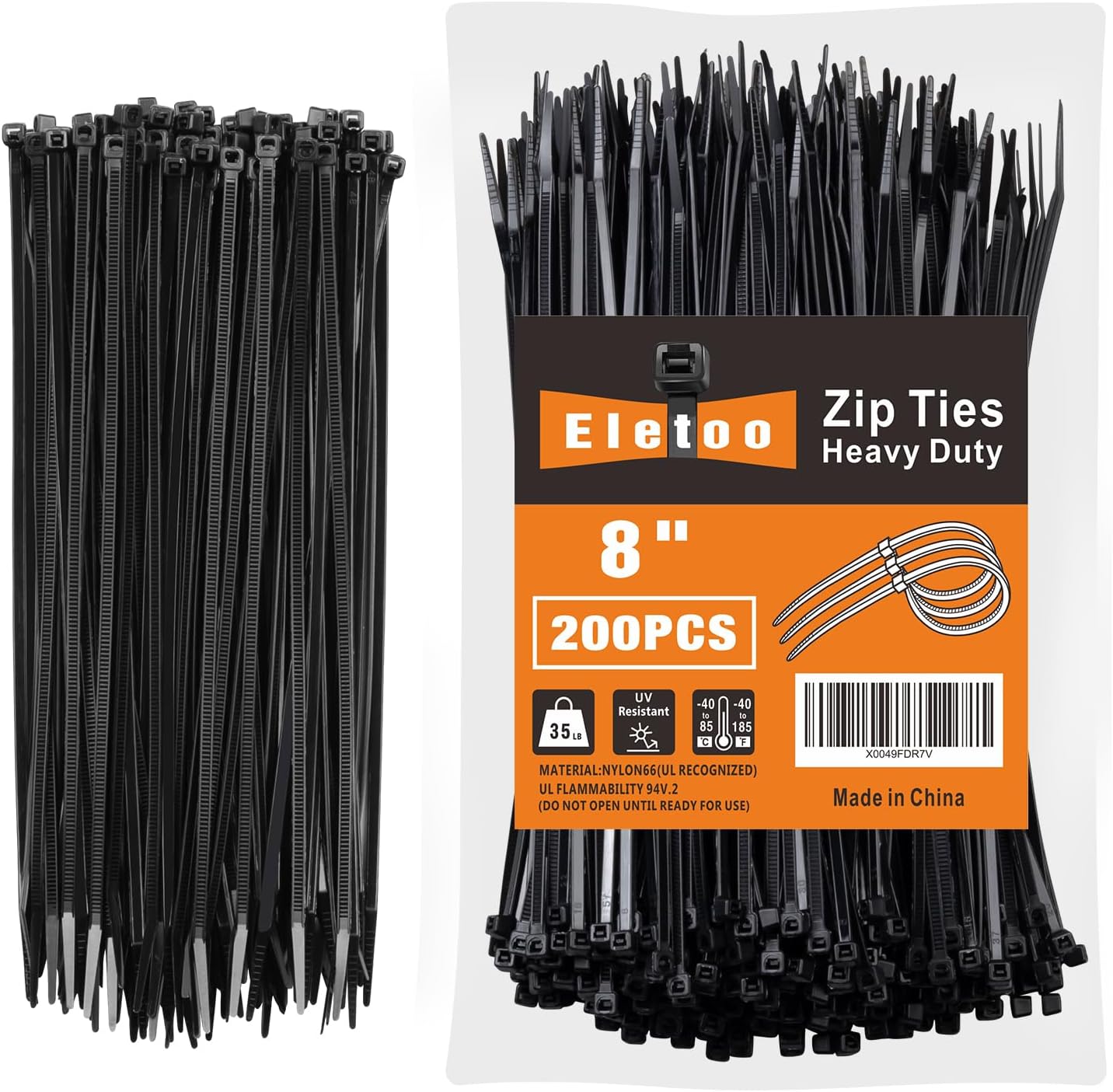8 Inch Black Zip Ties (200 Pack), 35 LBS Tensile Strength, Self
