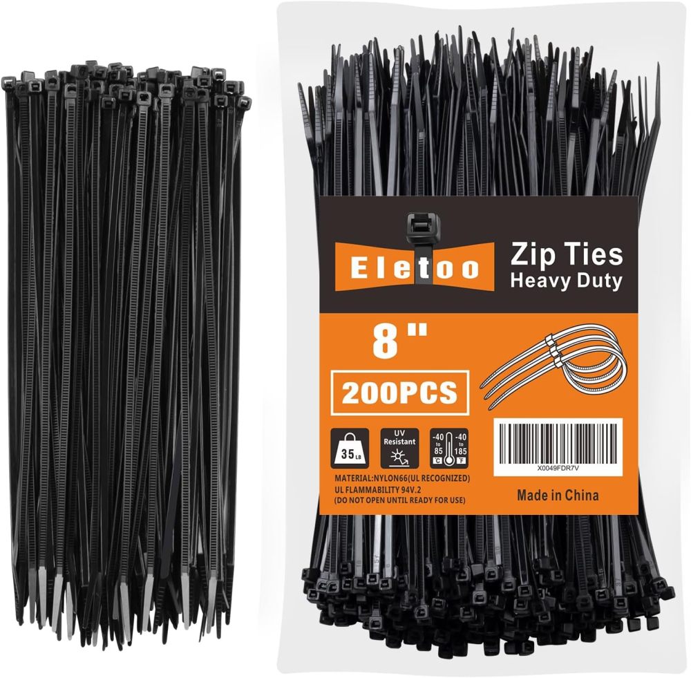 8 Inch Black Zip Ties (200 /Pack), 35 LBS