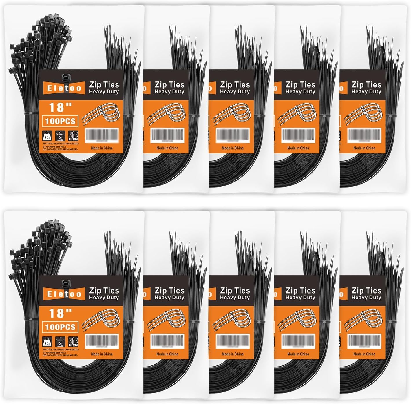 18 inch,Black Heavy Duty Zip Ties (1000 /Pack), 75 LBS
