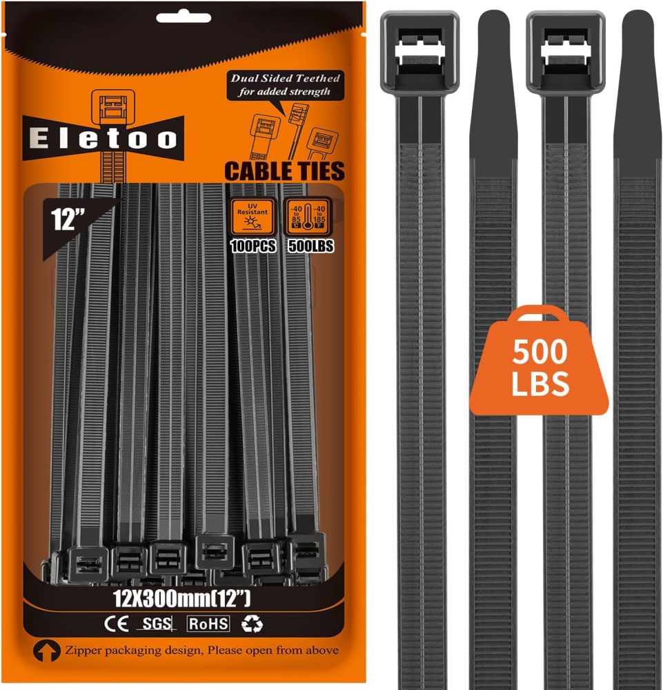 12 inch Black Large Zip Ties Heavy Duty (400 Pack), 2025 New Patented Design, 500 LBS Tensile Strength, Self-Locking Nylon PA66 UV Resistant Cable Ties for Indoor and Outdoor Use