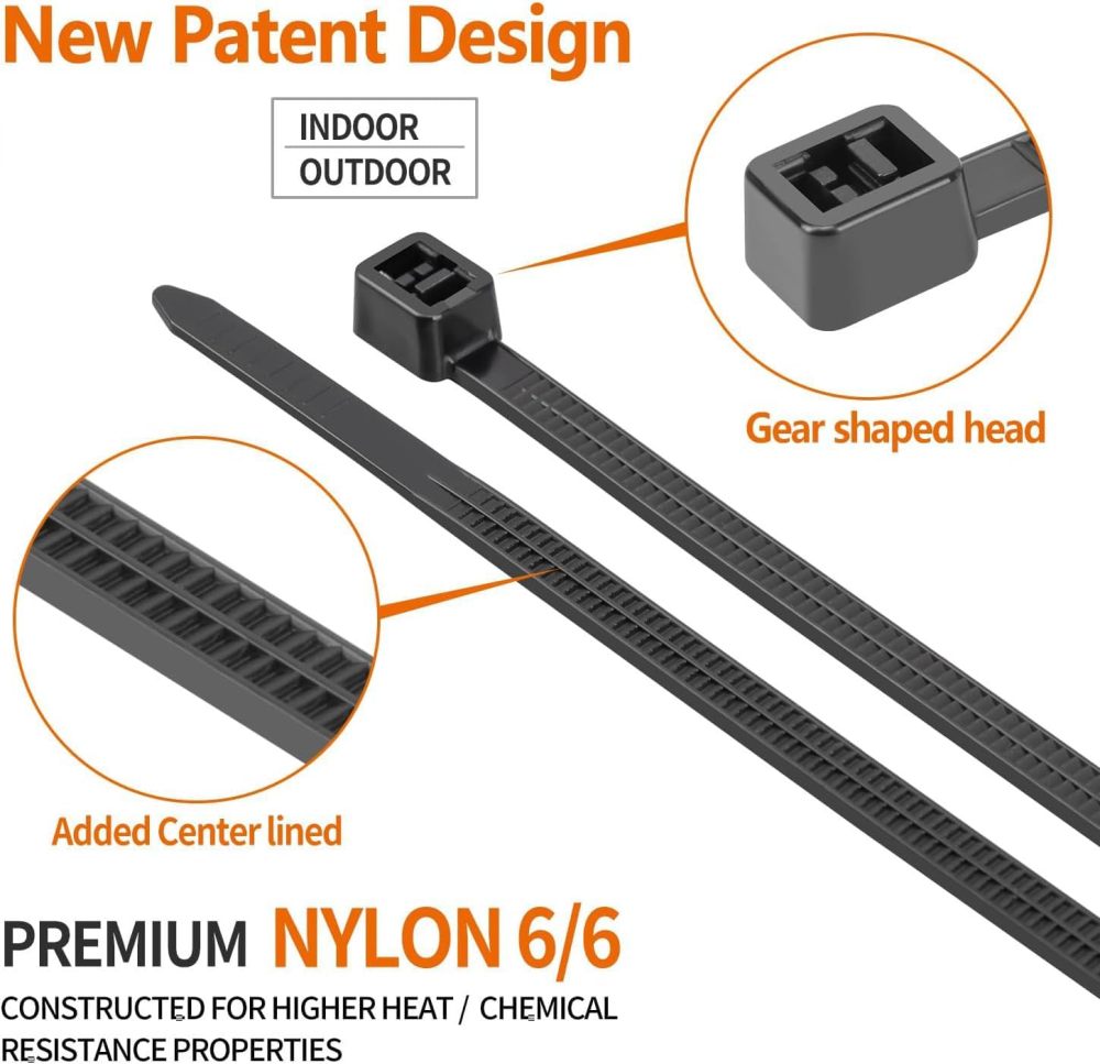 12 inch Black Large Zip Ties Heavy Duty (400 Pack), 2025 New Patented Design, 500 LBS Tensile Strength, Self-Locking Nylon PA66 UV Resistant Cable Ties for Indoor and Outdoor Use