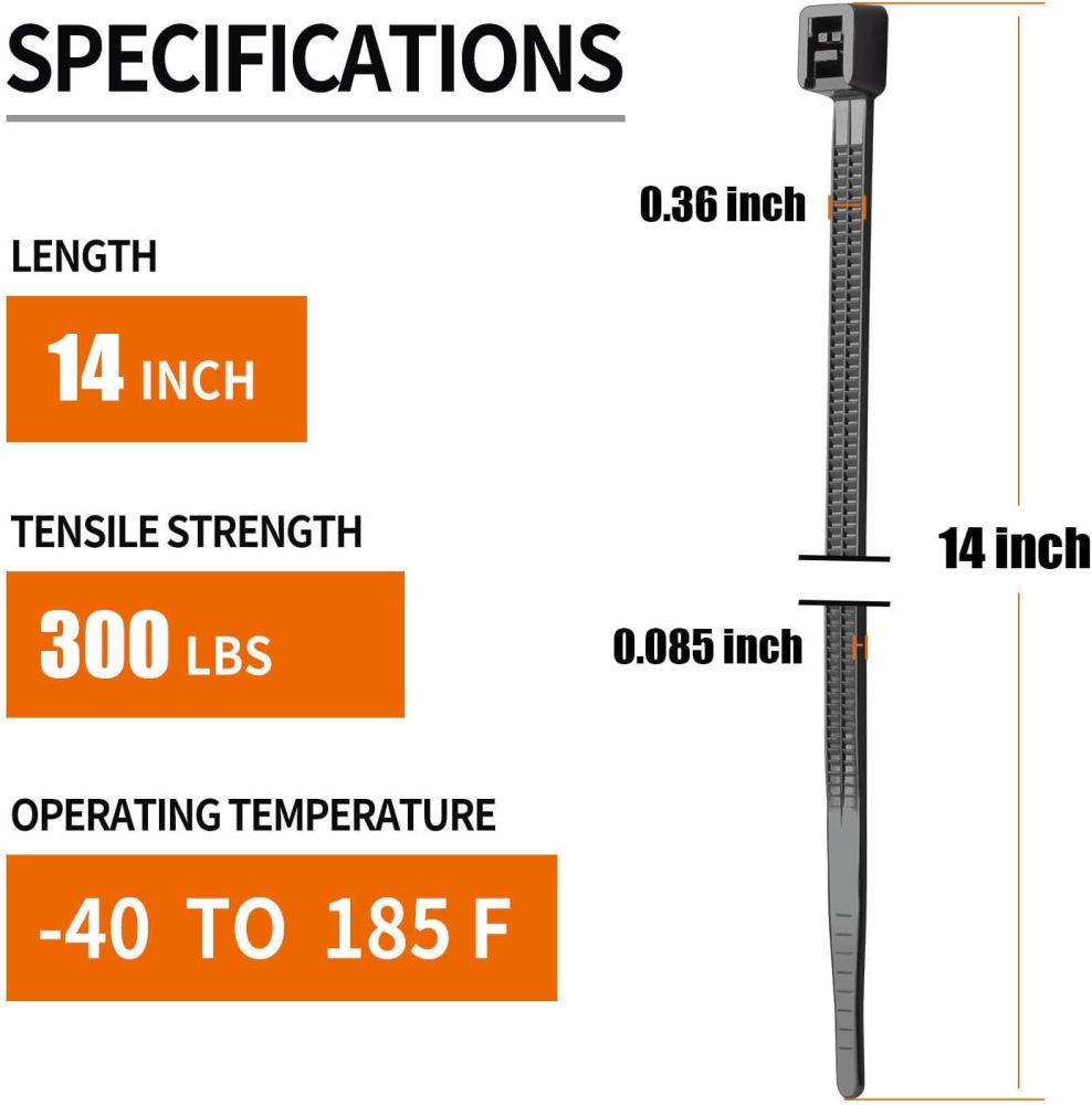 14 inch Black Large Zip Ties Heavy Duty (600 Pack), 2025 New Patented Design, 300 LBS Tensile Strength, Self-Locking Nylon PA66 Cable Ties for Indoor and Outdoor Use