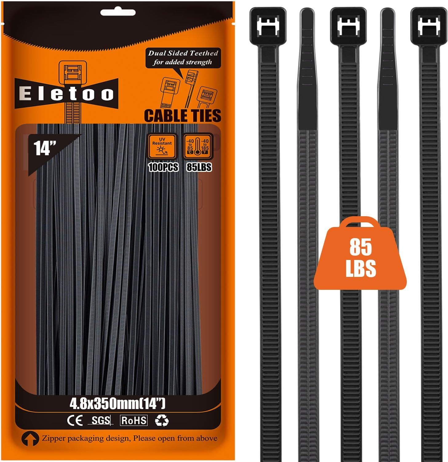 14 inch (100 /Pack) 85 LBS, Black Heavy Duty Zip Ties - Dual Sided Teethed