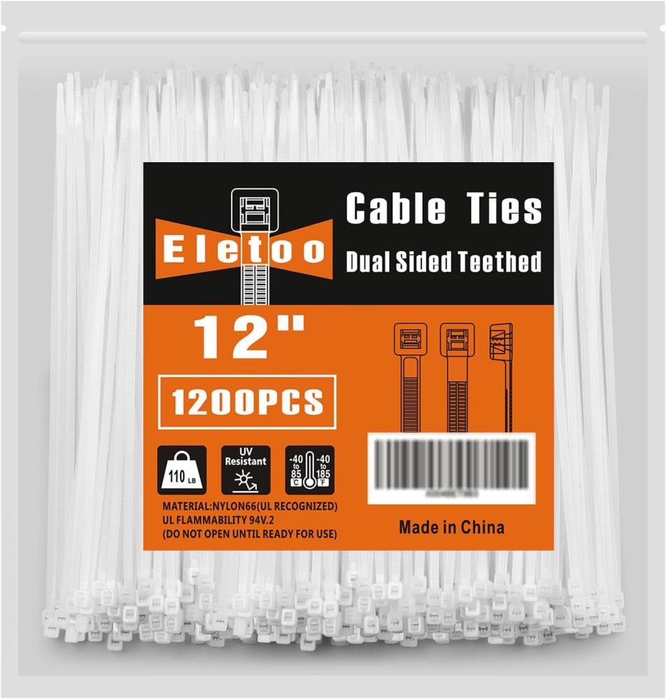 12 inch (200 /Pack) 110 LBS, White Zip Ties - Dual Sided Teethed