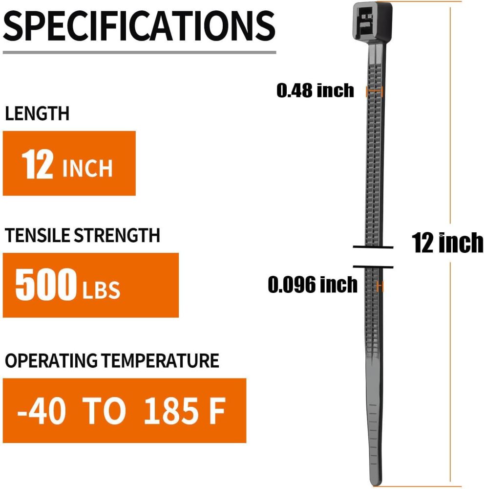 12 inch Black Large Zip Ties Heavy Duty (400 Pack), 2025 New Patented Design, 500 LBS Tensile Strength, Self-Locking Nylon PA66 UV Resistant Cable Ties for Indoor and Outdoor Use