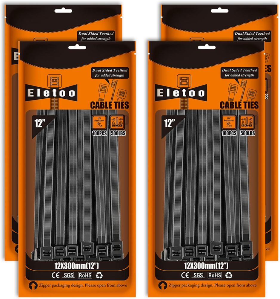 12 inch(400 /Pack) 500 LBS, Black Heavy Duty Zip Ties - Dual Sided Teethed