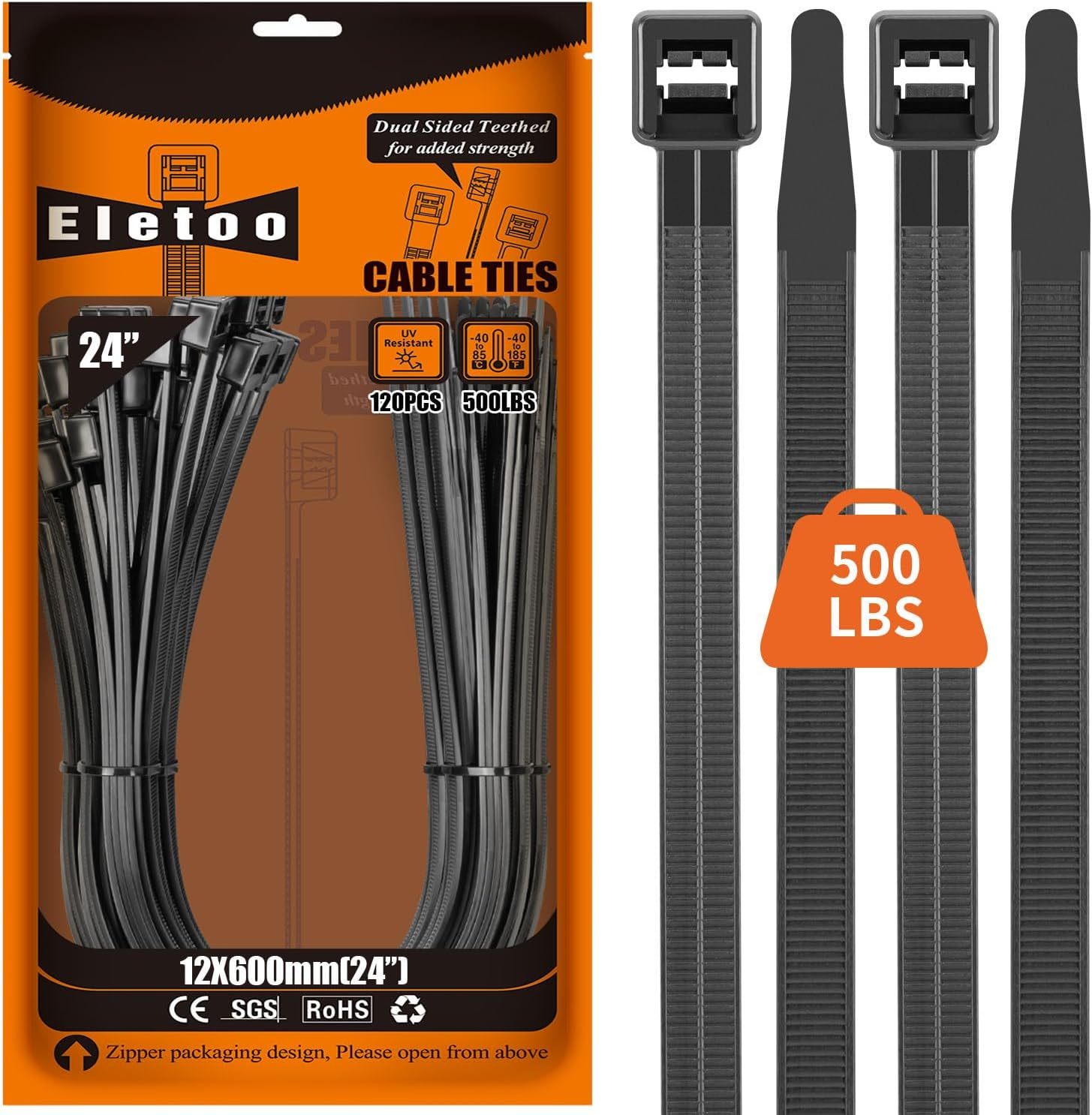24 inch (120 /Pack) 500 LBS, Black Large Zip Ties Heavy Duty - Dual Sided Teethed