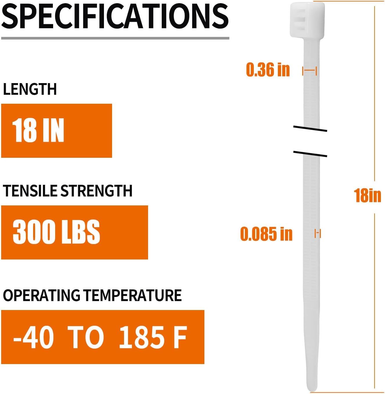 18 inch  (500 /Pack) 300 LBS, White Heavy Duty Zip Ties - Dual Sided Teethed