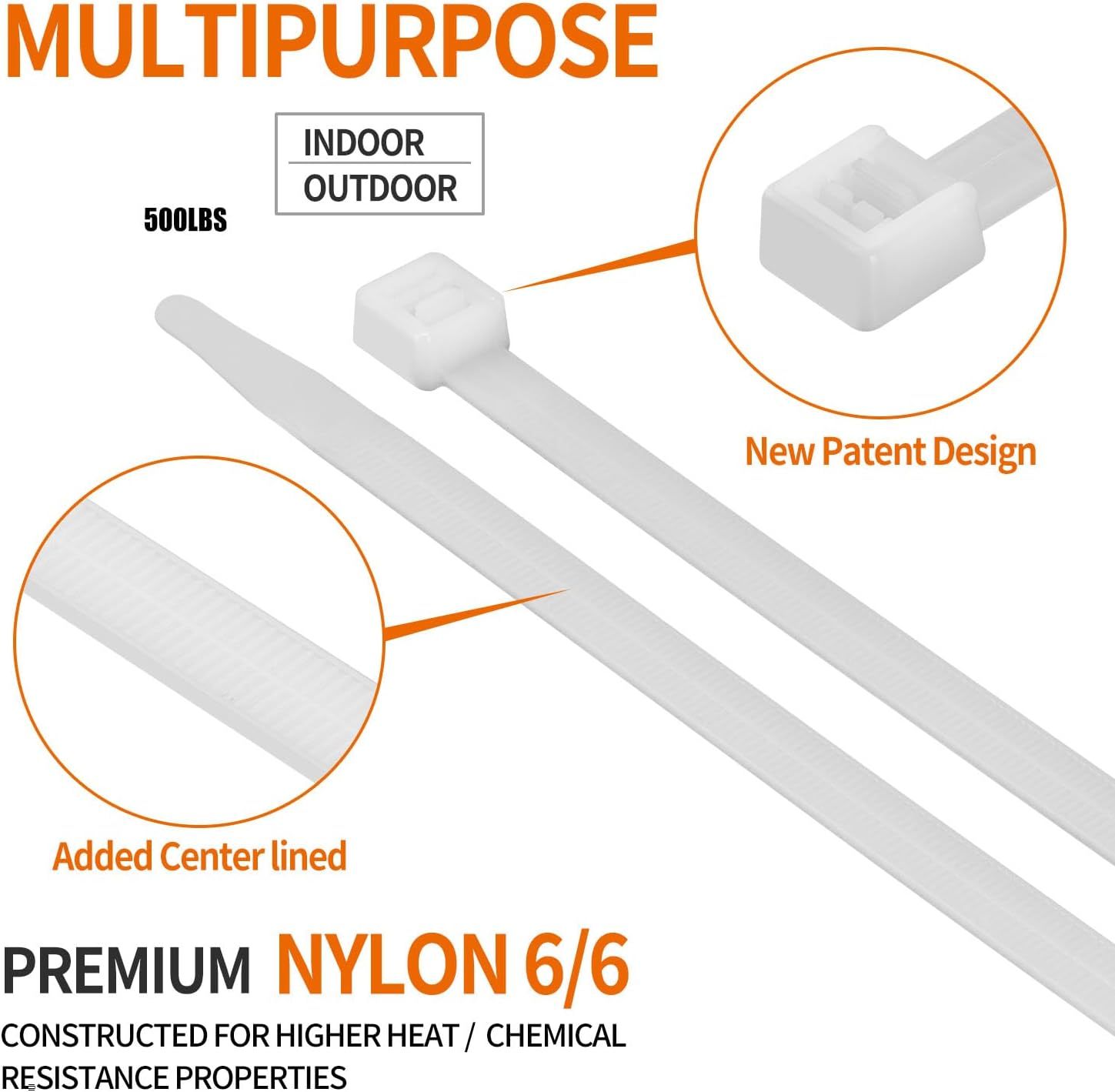 18 inch  (500 /Pack) 300 LBS, White Heavy Duty Zip Ties - Dual Sided Teethed
