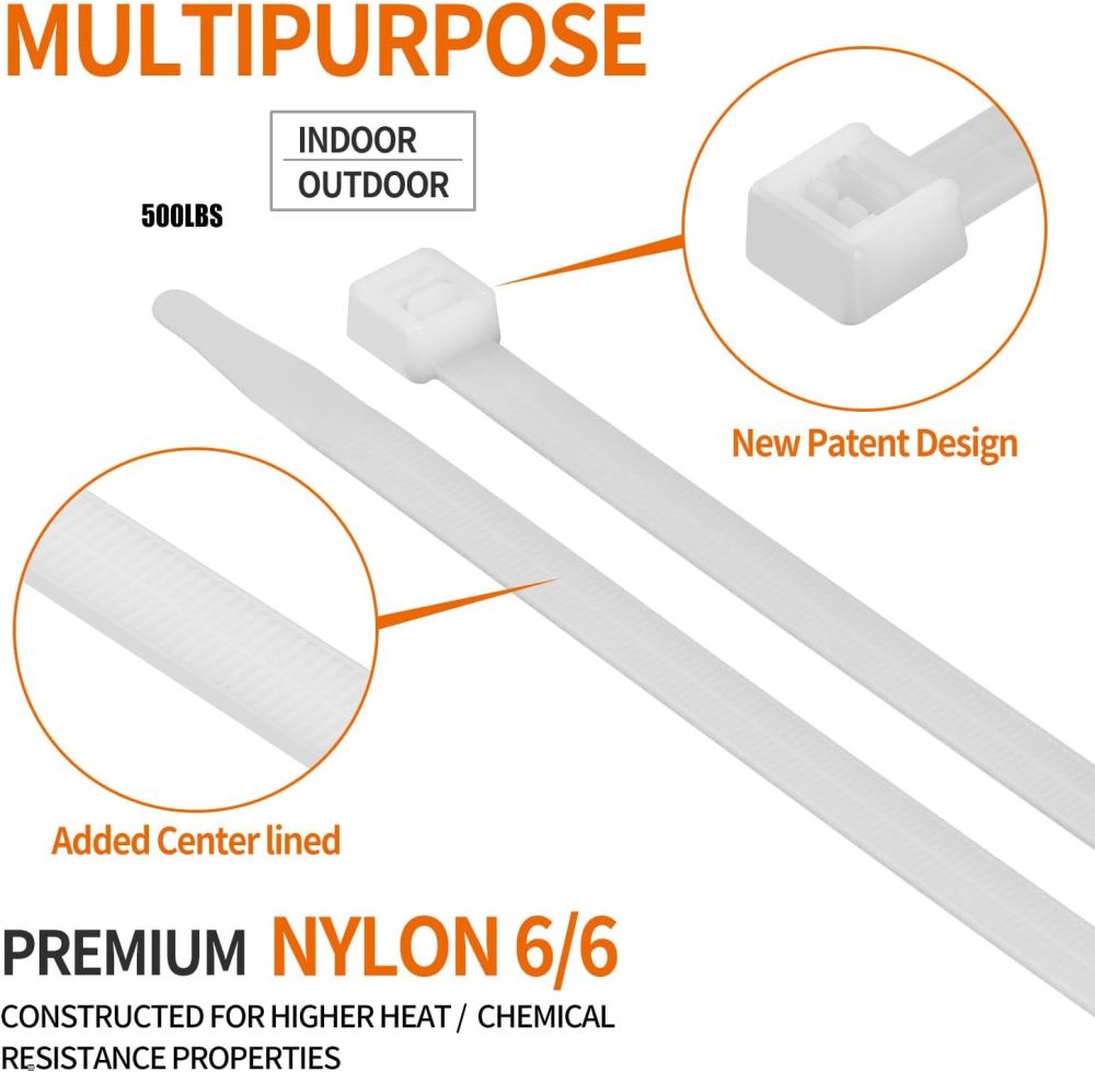 18 inch  (500 /Pack) 300 LBS, White Heavy Duty Zip Ties - Dual Sided Teethed