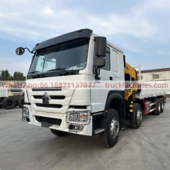 8×4折臂吊马槽货箱\4、重汽豪沃白黄+400折+430马力随车起重卡车