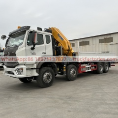 8×4折臂吊马槽货箱\重汽豪沃白黄+无标+N系列380马力随车起重卡车