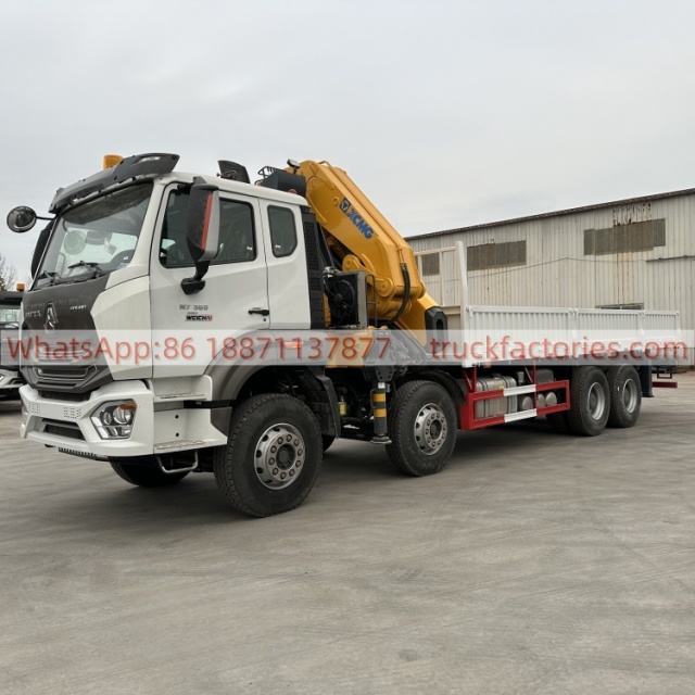 8×4折臂吊马槽货箱\重汽豪沃白黄+无标+N系列380马力随车起重卡车