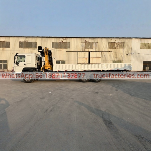 6×4折臂吊马槽货箱重汽\14、重汽豪沃白黄+12折+380马力带护灯罩随车起重卡车