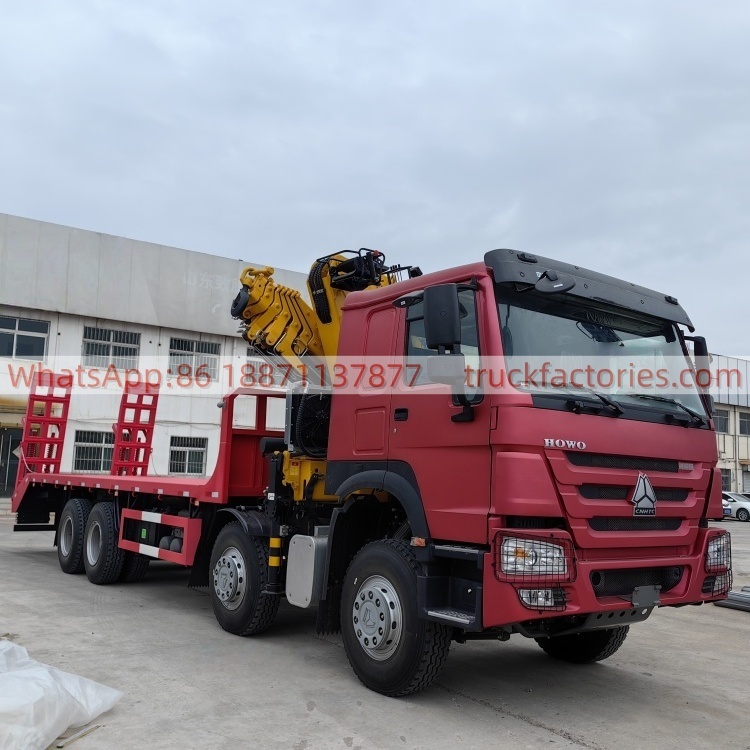 8×4折臂吊平板或爬梯\1、红黄+330折+豪沃400马力随车起重卡车