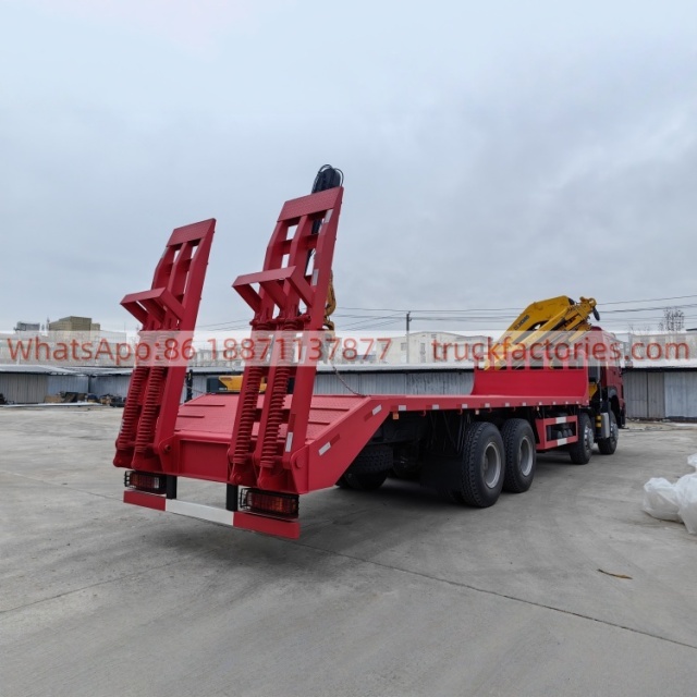 8×4折臂吊平板或爬梯\1、红黄+330折+豪沃400马力随车起重卡车