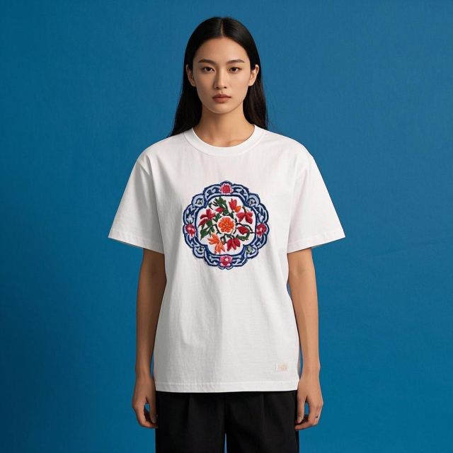 Chinese style  cutely and lovely cat and elegant flower Customized embroidered patch T-shirt