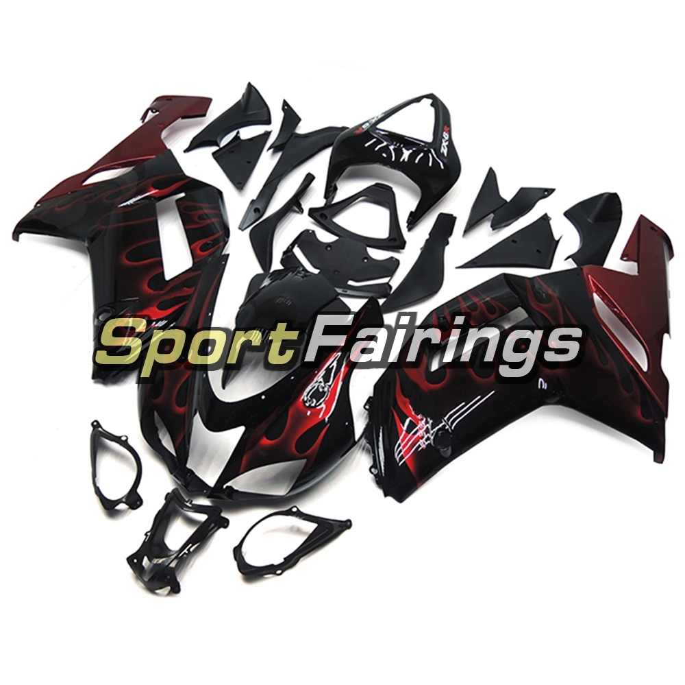 Fairing Kit Fit For Kawasaki ZX6R 2007 - 2008 -Black Red Flame