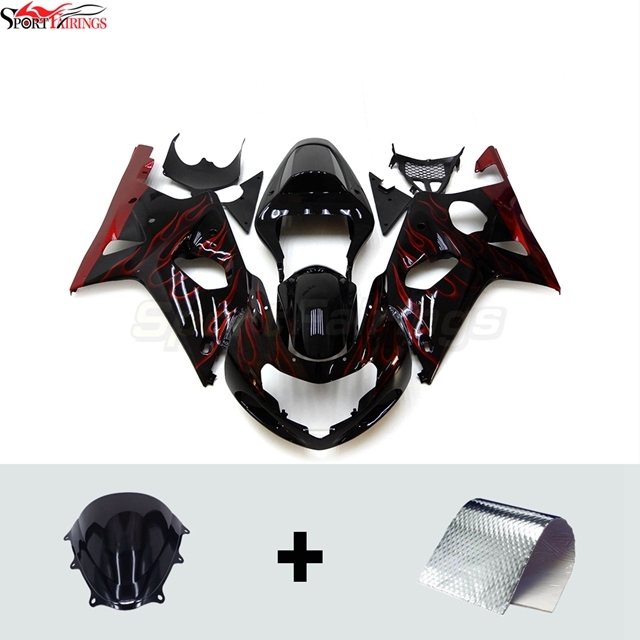 Sportfairings Fairing Kit fit for Suzuki GSXR1000 2000 - 2002 - Black with Red Flames