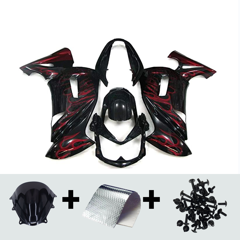 Full Fairing Kit Fit for Kawasaki Ninja 650R ER-6F 2006 - 2008 - Glossy Black With Red Flames
