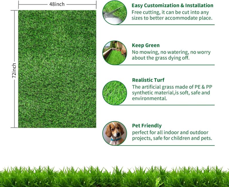 Artificial Turf Grass Indoor Outdoor Fake Grass Lawn 1.18-inch Realistic Fake Grass Rug with Drainage Holes for Dogs Pets Garden Home Decor (72” x 48”)