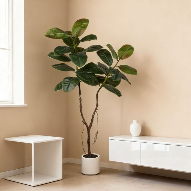 160CM Nearly Natural Faux Rubber Tree in White Pot,160CM Nearly Natural Faux Rubber Tree in White Pot