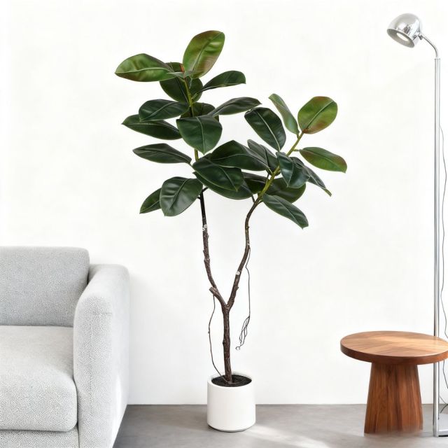 160CM Nearly Natural Faux Rubber Tree in White Pot,160CM Nearly Natural Faux Rubber Tree in White Pot