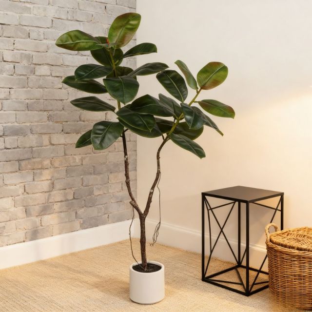 160CM Nearly Natural Faux Rubber Tree in White Pot,160CM Nearly Natural Faux Rubber Tree in White Pot