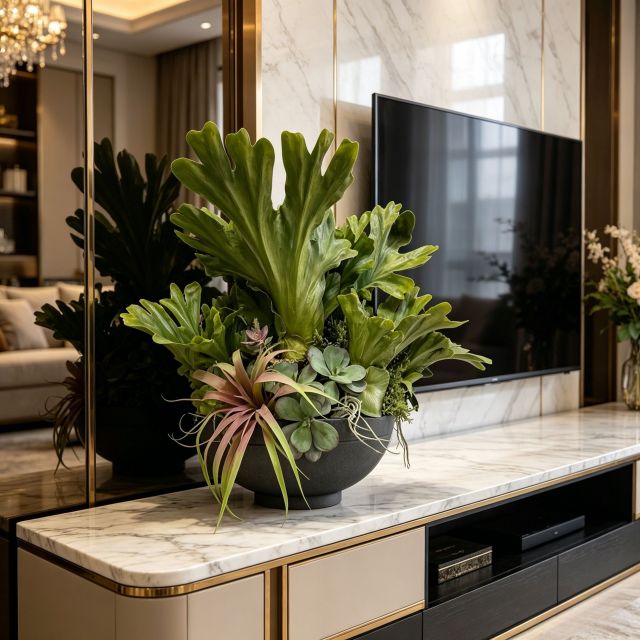 Highly Realistic Potted Faux Mixed Plant / Queen Fern Plant  Arrangement For Interior Tabletop Decor,Highly Realistic Potted Faux Mixed Plant For Interior Tabletop Decor