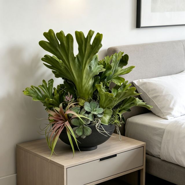 Highly Realistic Potted Faux Mixed Plant / Queen Fern Plant  Arrangement For Interior Tabletop Decor,Highly Realistic Potted Faux Mixed Plant For Interior Tabletop Decor