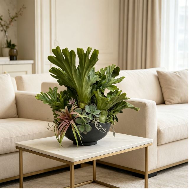 Highly Realistic Potted Faux Mixed Plant / Queen Fern Plant  Arrangement For Interior Tabletop Decor,Highly Realistic Potted Faux Mixed Plant For Interior Tabletop Decor