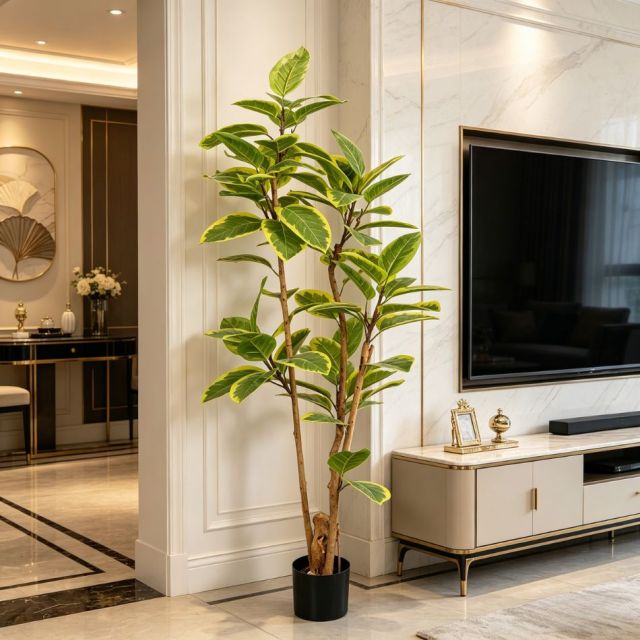 Highly Realistic Artificial Variegated Rubber Tree Potted for Home Office Hotel Decor,Highly Realistic Artificial Variegated Ficus Tree Potted For Home Decor