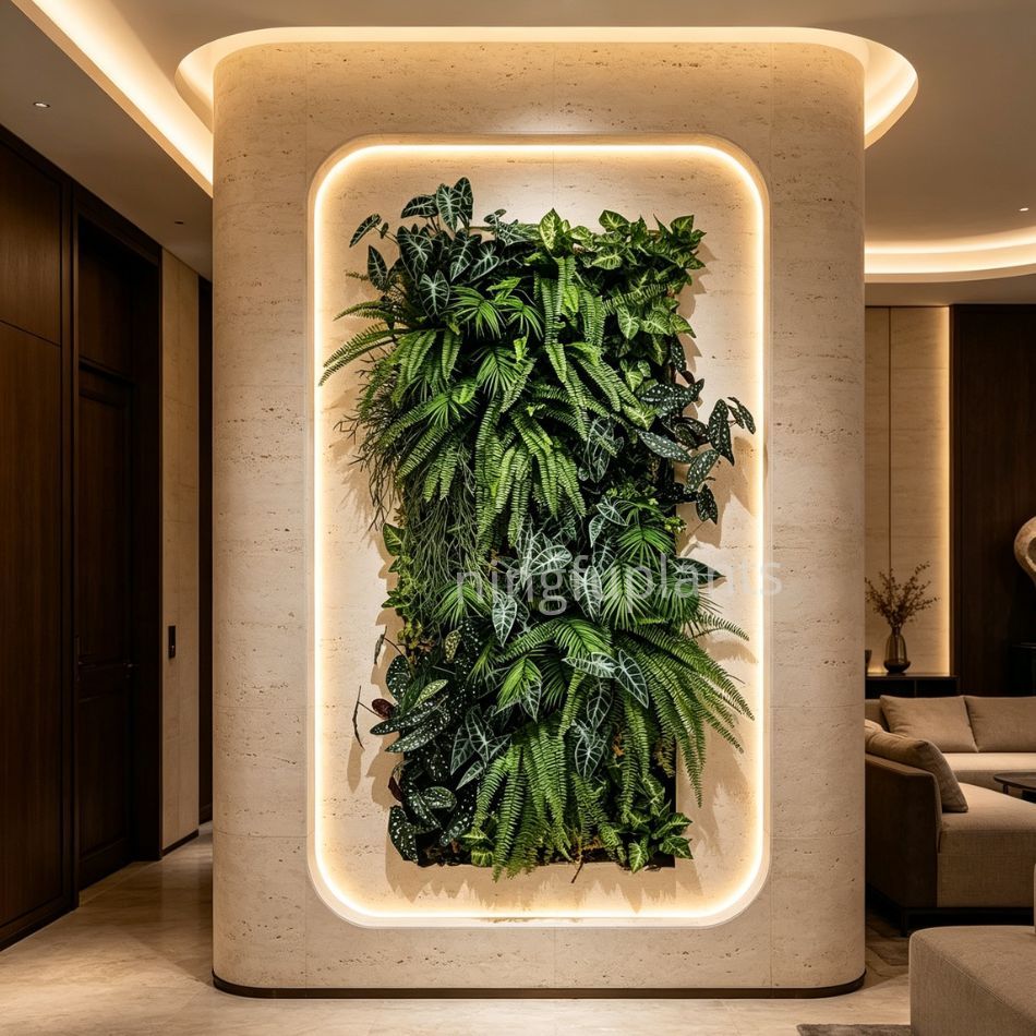 Permium Quality Backlit Artificial Tropical Fern Vertical Green Wall for Interior Design,Permium Quality Backlit Artificial Tropical Fern Vertical Green Wall for Interior Design