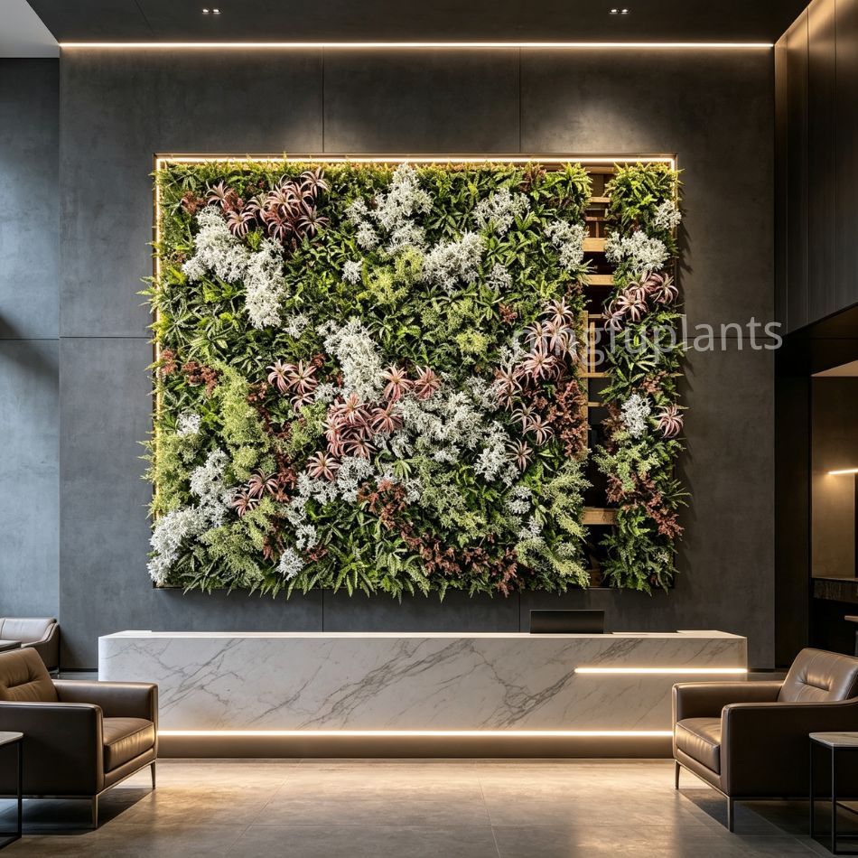 High Similarity Recessed Mixed White Floral Artificial Vertical Green Wall for Home Decor,High Similarity Recessed Mixed White Floral Artificial Vertical Green Wall for Home Decor