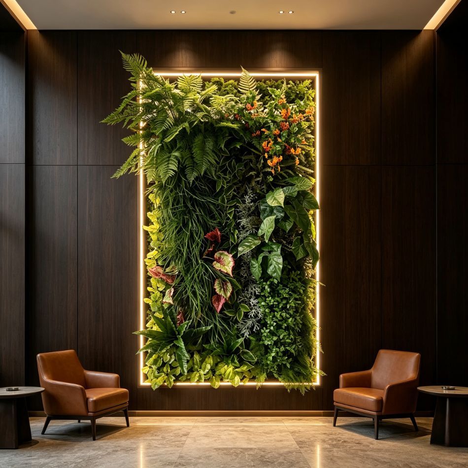 Permium Quality Backlit Tropical Artificial Vertical Green Wall with Orange Florals for Interior Design,Permium Quality Backlit Tropical Artificial Vertical Green Wall with Orange Florals for Interior Design