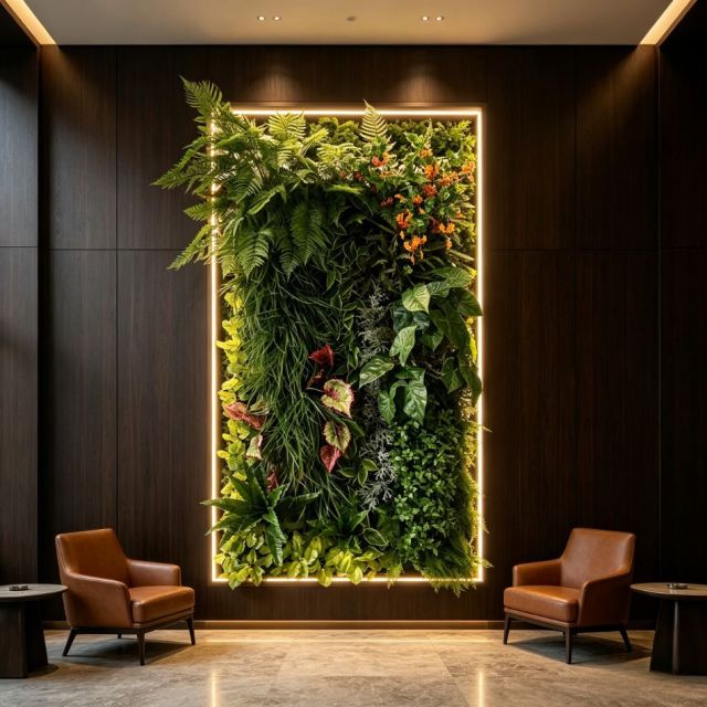 Permium Quality Backlit Tropical Artificial Vertical Green Wall with Orange Florals for Interior Design,Permium Quality Backlit Tropical Artificial Vertical Green Wall with Orange Florals for Interior Design