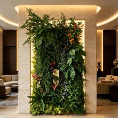 Permium Quality Backlit Tropical Artificial Vertical Green Wall with Orange Florals for Interior Design,Permium Quality Backlit Tropical Artificial Vertical Green Wall with Orange Florals for Interior Design