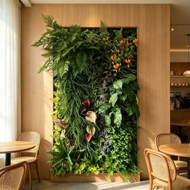 Permium Quality Backlit Tropical Artificial Vertical Green Wall with Orange Florals for Interior Design,Permium Quality Backlit Tropical Artificial Vertical Green Wall with Orange Florals for Interior Design