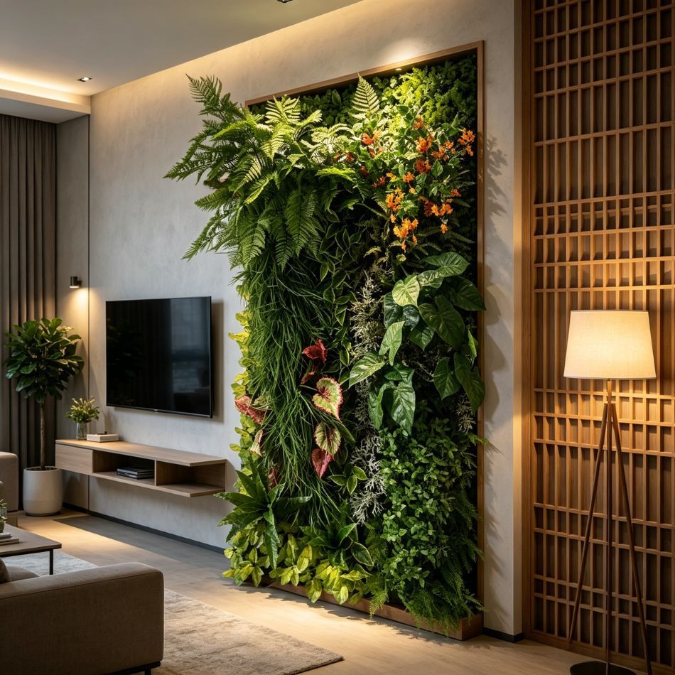 Permium Quality Backlit Tropical Artificial Vertical Green Wall with Orange Florals for Interior Design,Permium Quality Backlit Tropical Artificial Vertical Green Wall with Orange Florals for Interior Design