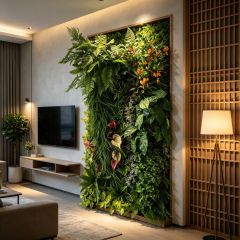 Permium Quality Backlit Tropical Artificial Vertical Green Wall with Orange Florals for Interior Design,Permium Quality Backlit Tropical Artificial Vertical Green Wall with Orange Florals for Interior Design