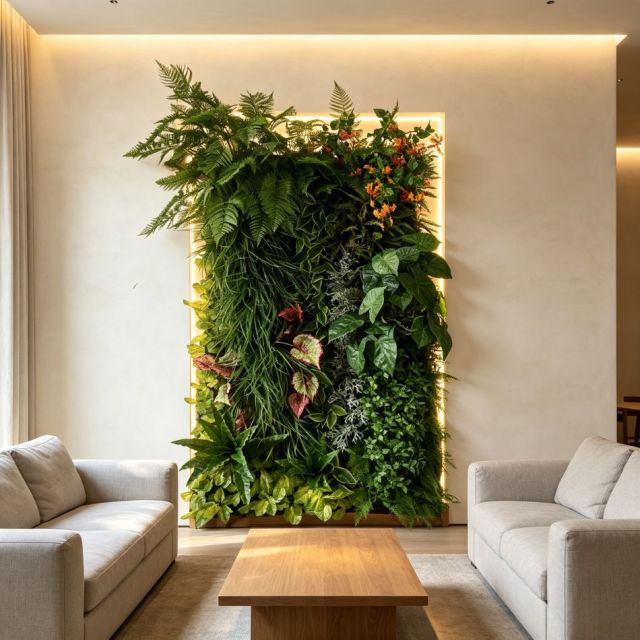 Permium Quality Backlit Tropical Artificial Vertical Green Wall with Orange Florals for Interior Design,Permium Quality Backlit Tropical Artificial Vertical Green Wall with Orange Florals for Interior Design