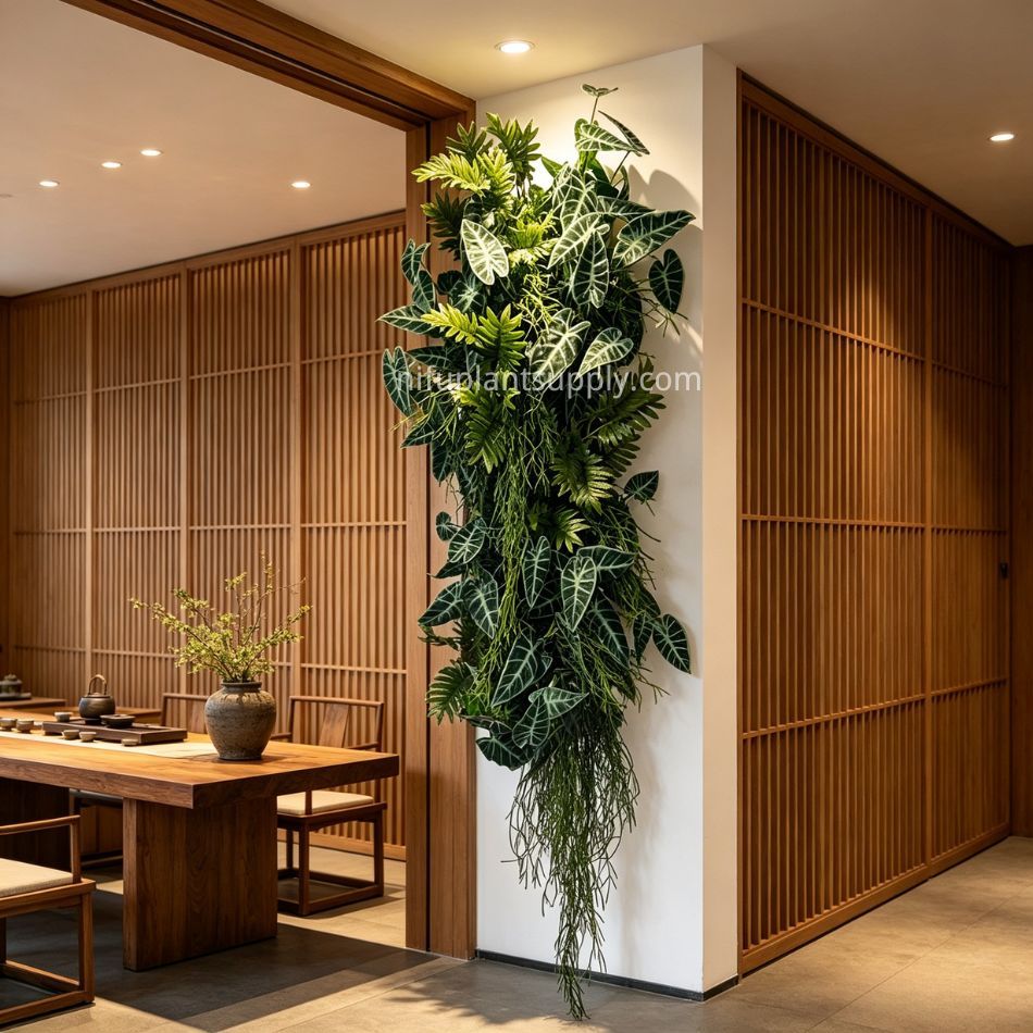 Slim Vertical Artificial Alocasia & Fern Hanging Green Wall Panel,Slim Vertical Artificial Alocasia & Fern Hanging Green Wall Panel