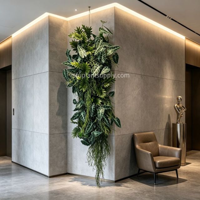 Slim Vertical Artificial Alocasia & Fern Hanging Green Wall Panel,Slim Vertical Artificial Alocasia & Fern Hanging Green Wall Panel