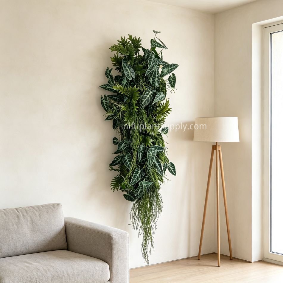 Slim Vertical Artificial Alocasia & Fern Hanging Green Wall Panel,Slim Vertical Artificial Alocasia & Fern Hanging Green Wall Panel
