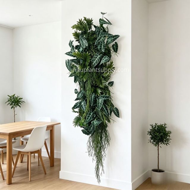 Slim Vertical Artificial Alocasia & Fern Hanging Green Wall Panel,Slim Vertical Artificial Alocasia & Fern Hanging Green Wall Panel