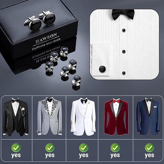 QiLin Men’s Cufflinks and Tuxedo Studs Set with Gift Box; Men’s Jewelry or Accessories Suitable for Black Suit White Shirts Vest and Red Bow tie on Wedding or Anniversary and Birthday